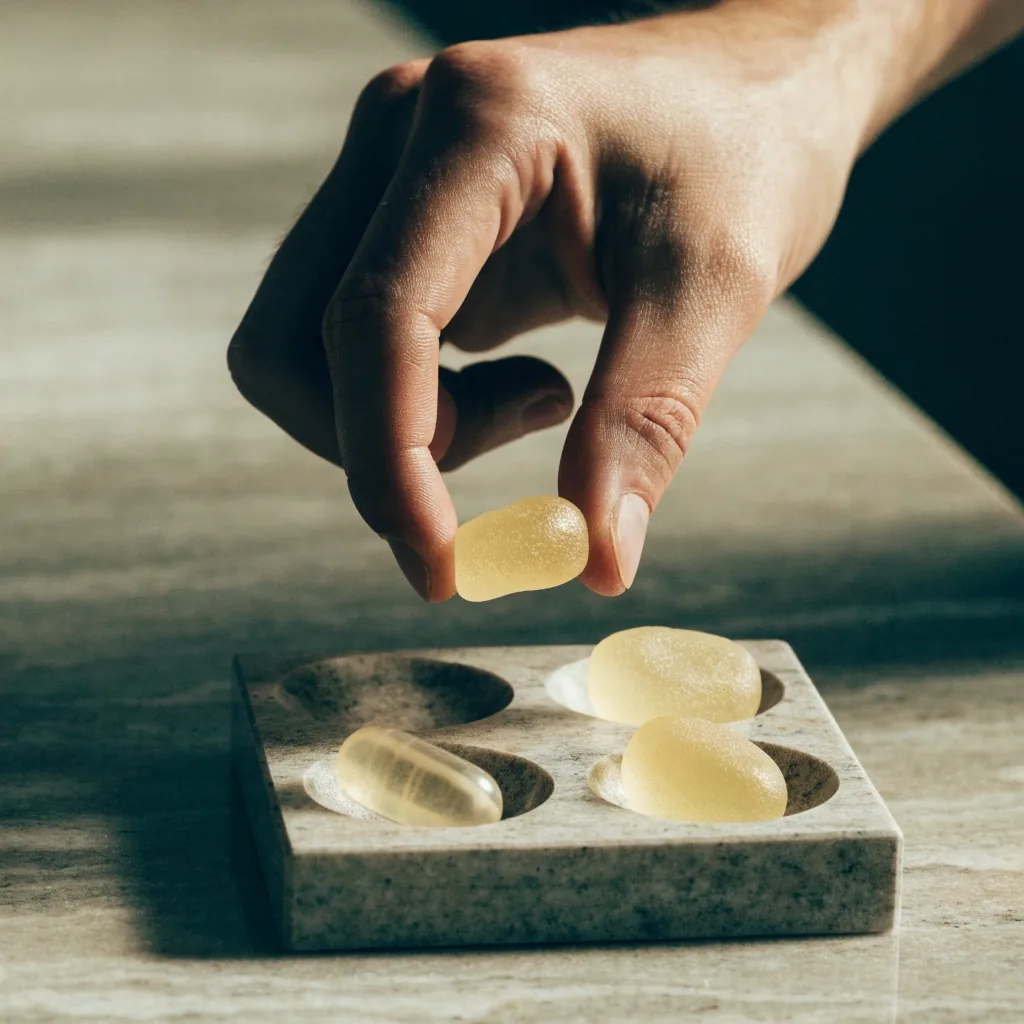 A single gel gummy supplement piece with a flat specular highlight on a granite-look tray surface