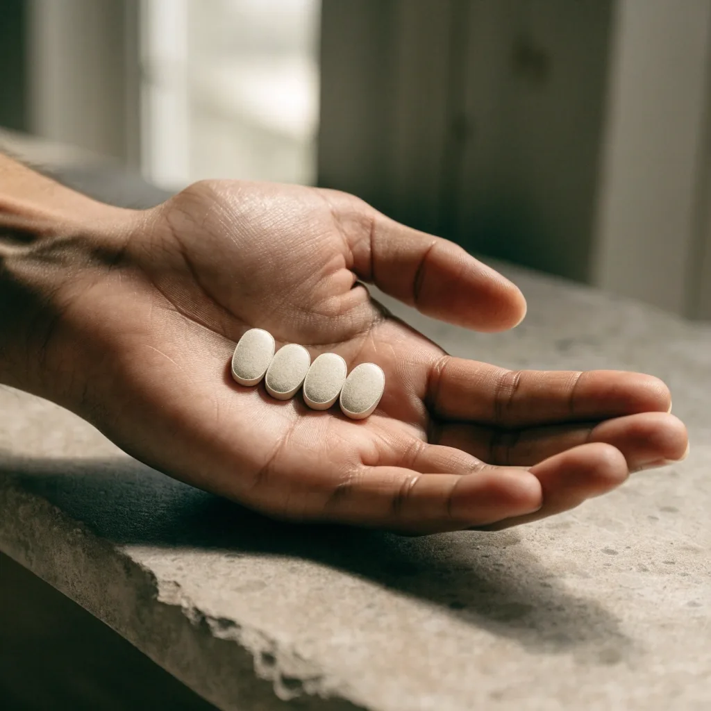 Four identical matte supplement tablets lined up at equal spacing on a granite-look tray under flat light