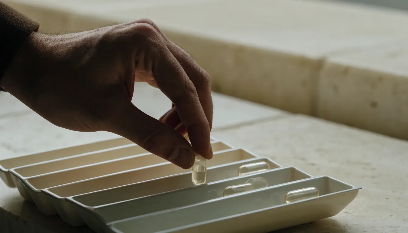 Two-piece hard supplement capsules with visible seams resting in a compartmented tray on a pale bench