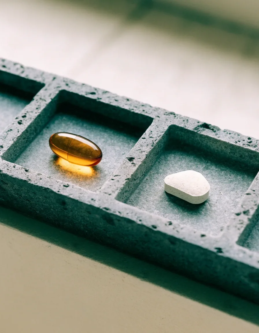 A cast gel gummy supplement in a shallow compartmented dish on a pale bench