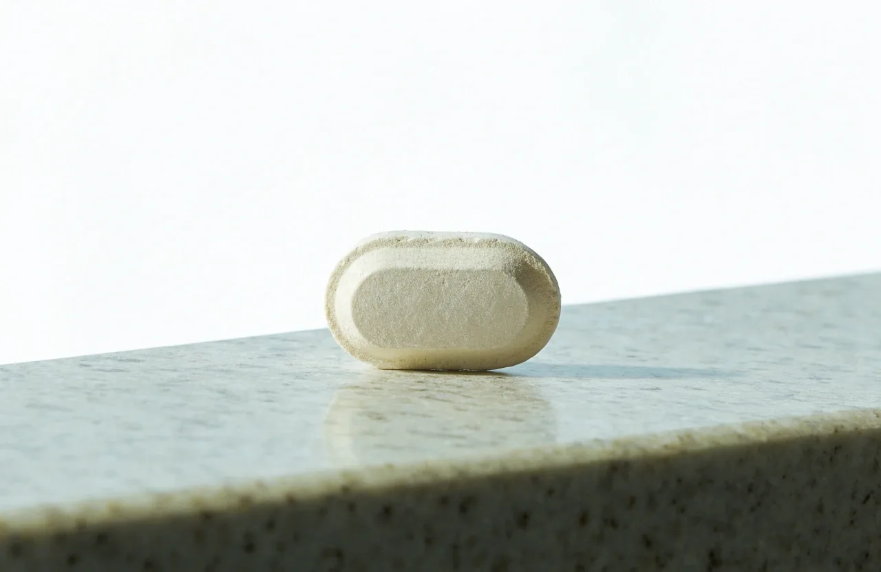 A single matte multivitamin tablet resting on granite-look bench stone