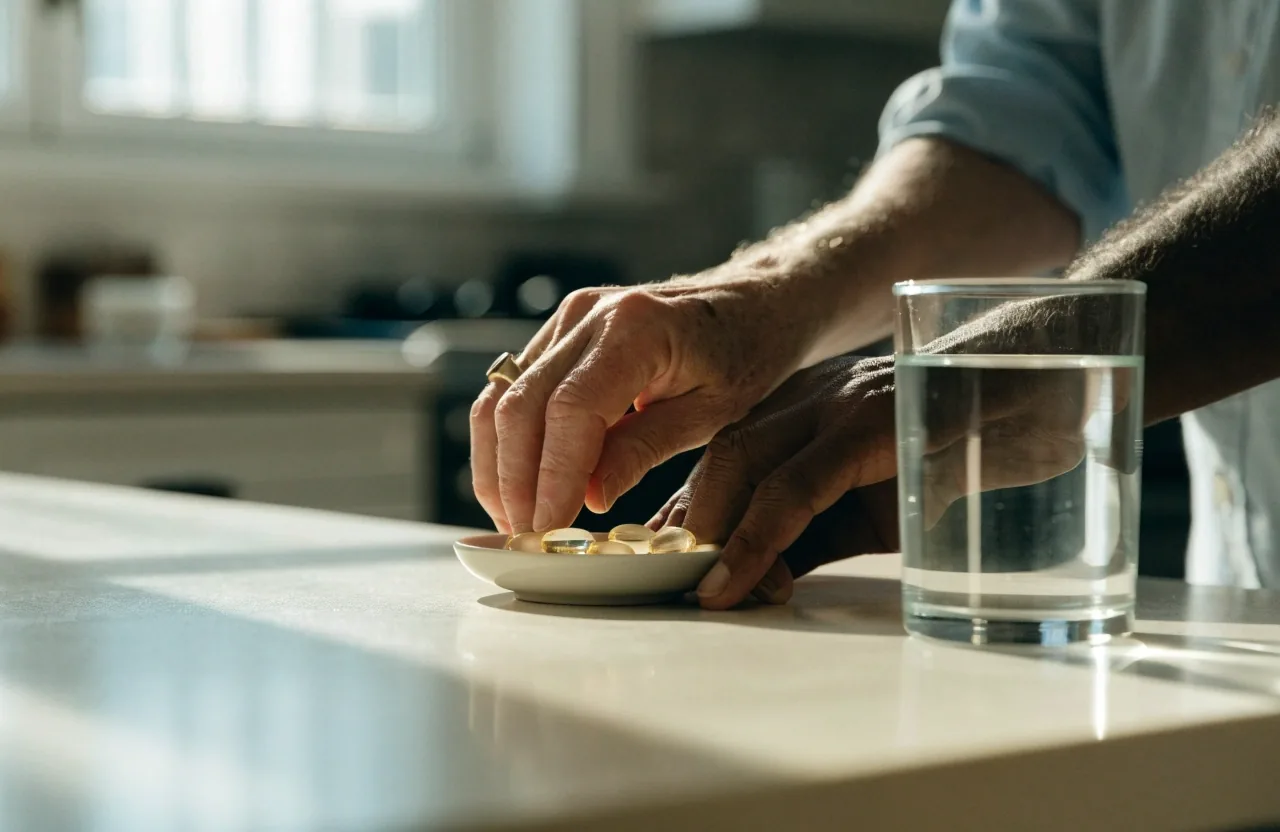 A wide granite-look tray with mostly empty wells, one holding a softgel capsule, under even skylight