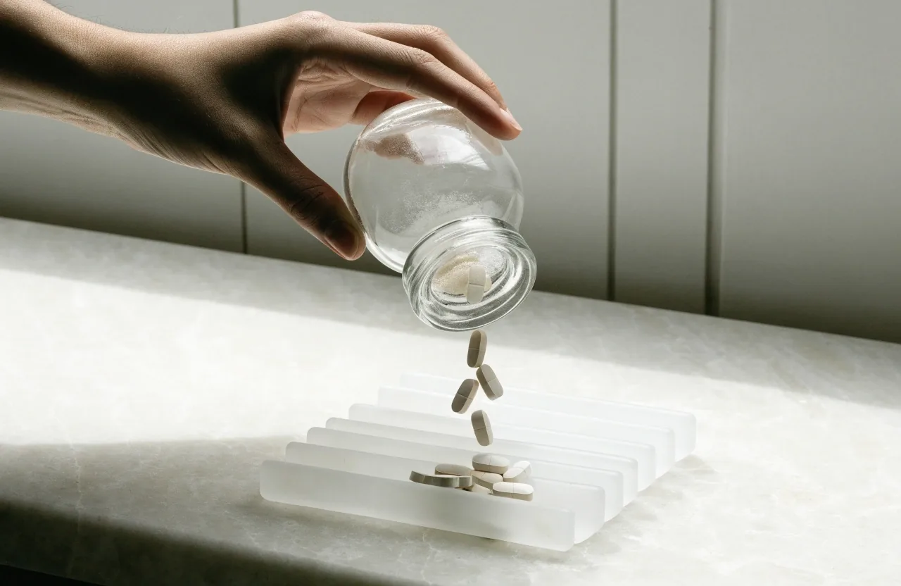 Two hands sorting matte tablets into a shallow compartmented dish on a pale bench