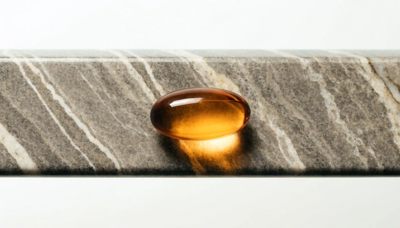 A single translucent softgel on a granite-look bench surface catching one flat highlight