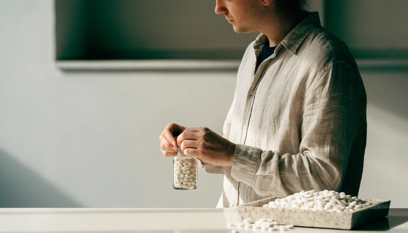 A pale stone bench near a window with an empty sorting tray pushed to one side in flat daylight