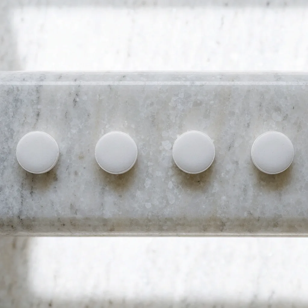 Four identical matte tablets lined up at equal spacing on a granite-look bench