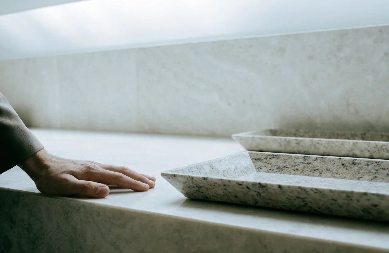 Two empty granite-look trays of different grain side by side on a pale bench