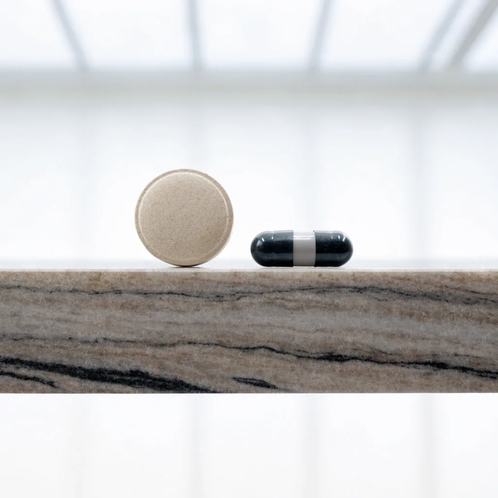 A matte tablet and a two-piece capsule resting side by side on granite-look stone under even light