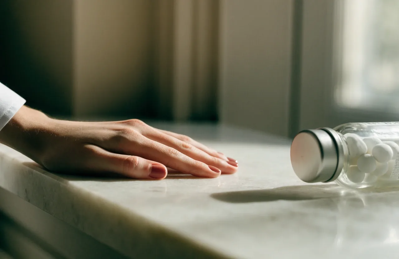 An empty granite-look sorting tray resting on a pale stone bench under even skylight