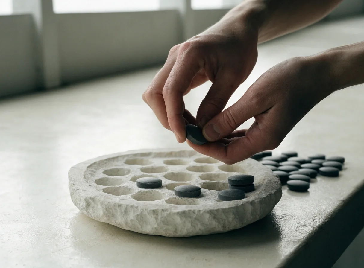 Two hands measuring matte tablets into a shallow compartmented stone dish, photographed from above
