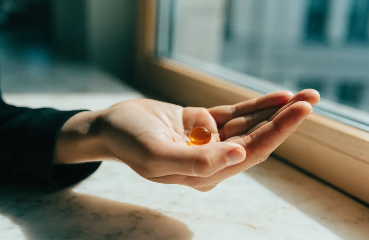 A single translucent softgel on a long-grain granite bench under flat light