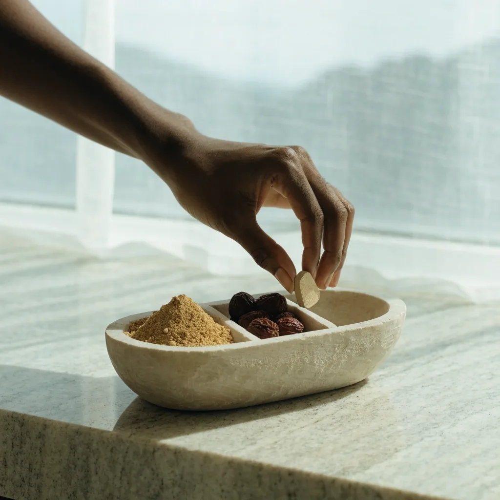 Hands measuring matte tablets into a shallow compartmented stone dish