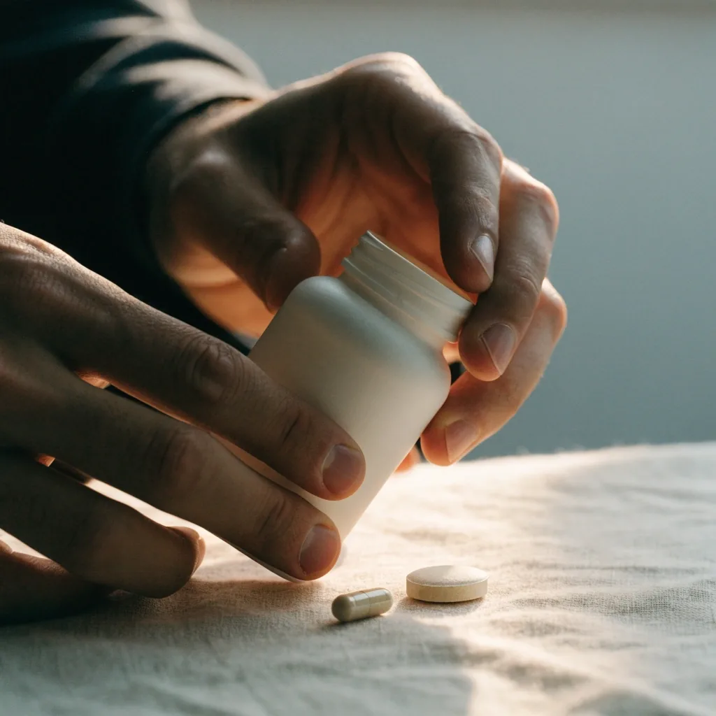Hands turning an unbranded supplement bottle to read the panel on a pale bench