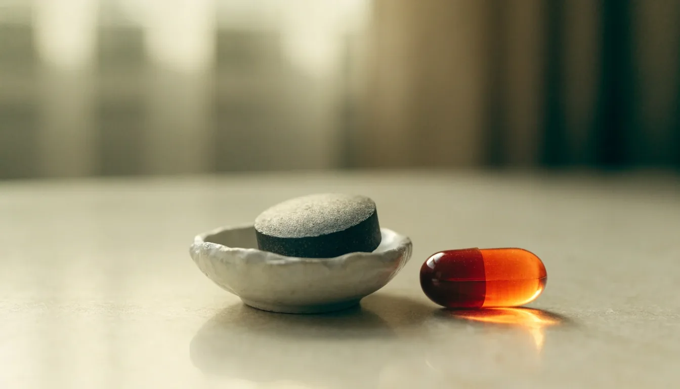 A single translucent softgel on the long grain of a granite bench
