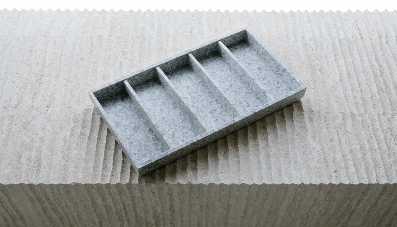 An empty granite-look compartmented tray at rest on a pale bench
