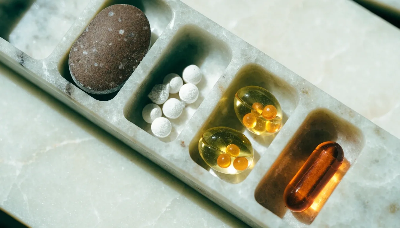 Four men's multivitamin formats — a matte tablet, a translucent softgel, a two-piece capsule and a cast gel — resting in separated wells of a granite-look tray on a pale bench