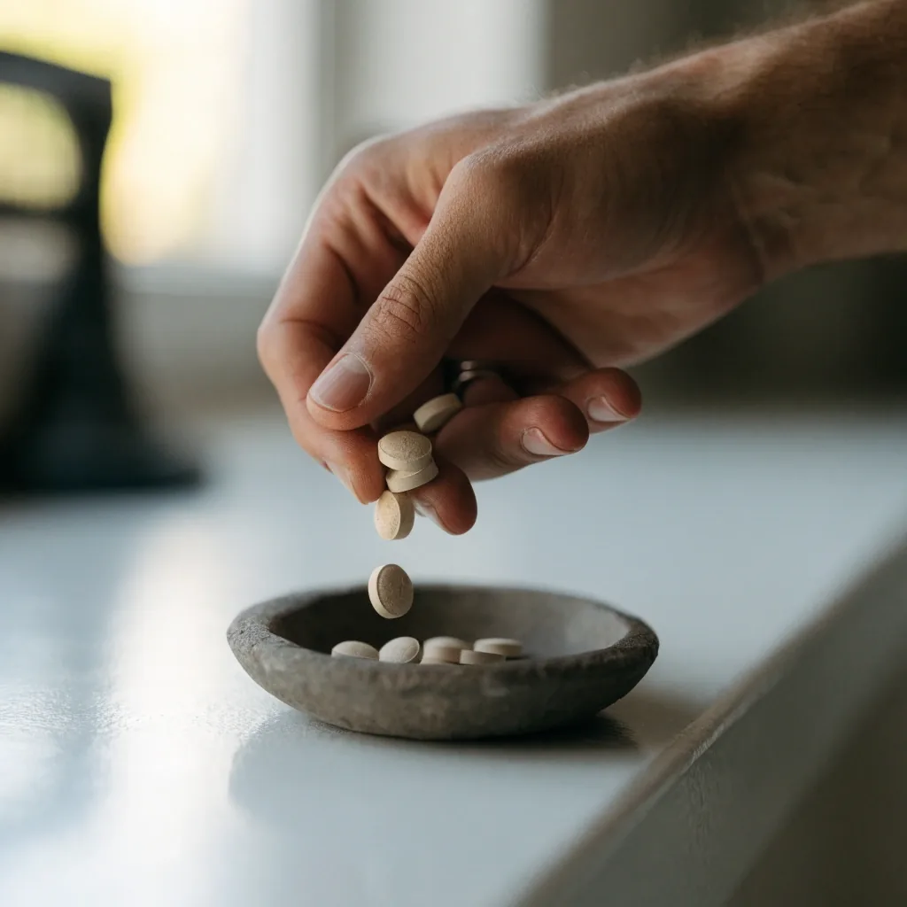 Four identical matte pressed tablets lined up on a granite-look bench surface