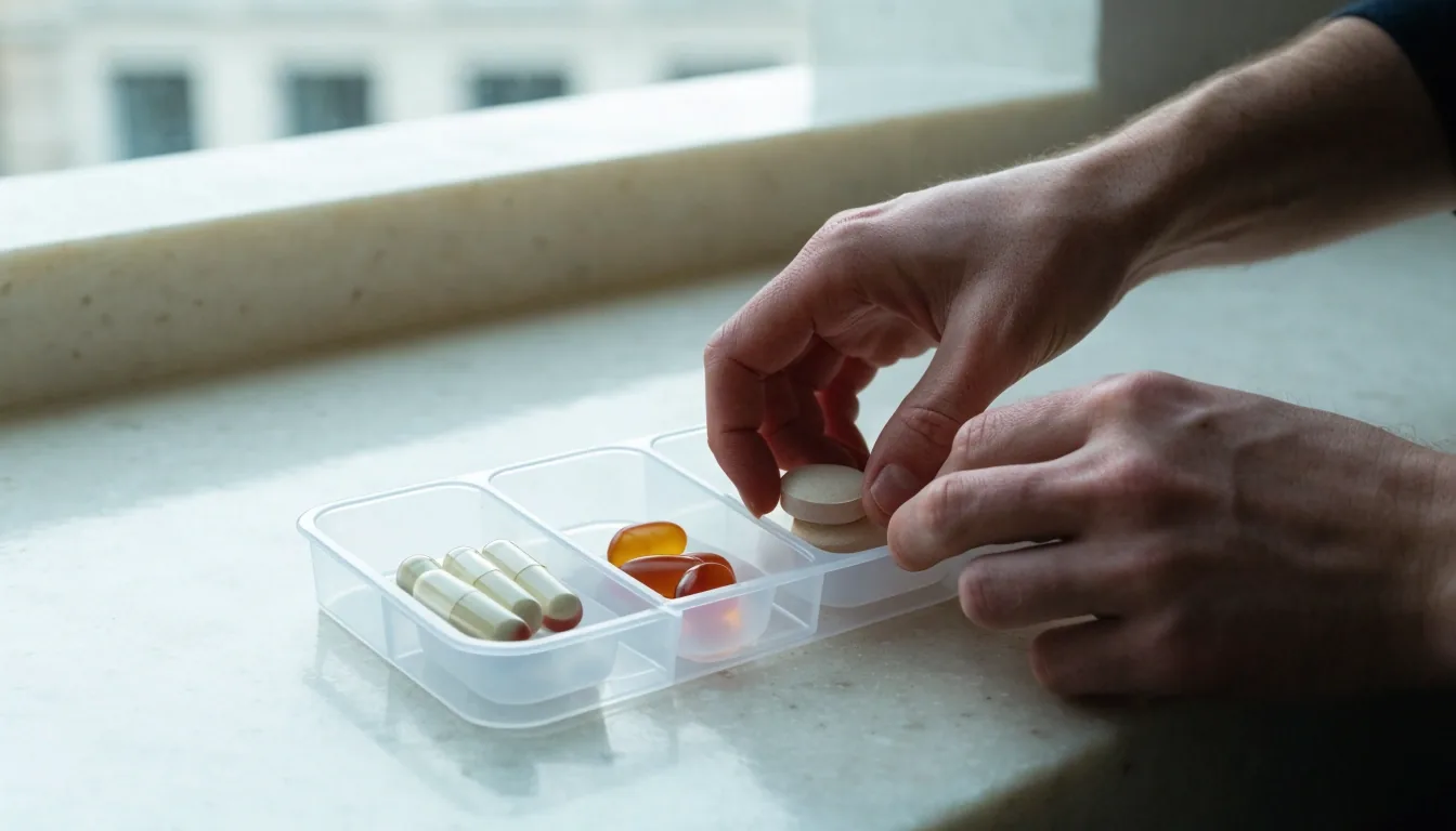 Hands arranging matte tablets into a shallow compartmented dish on a pale bench