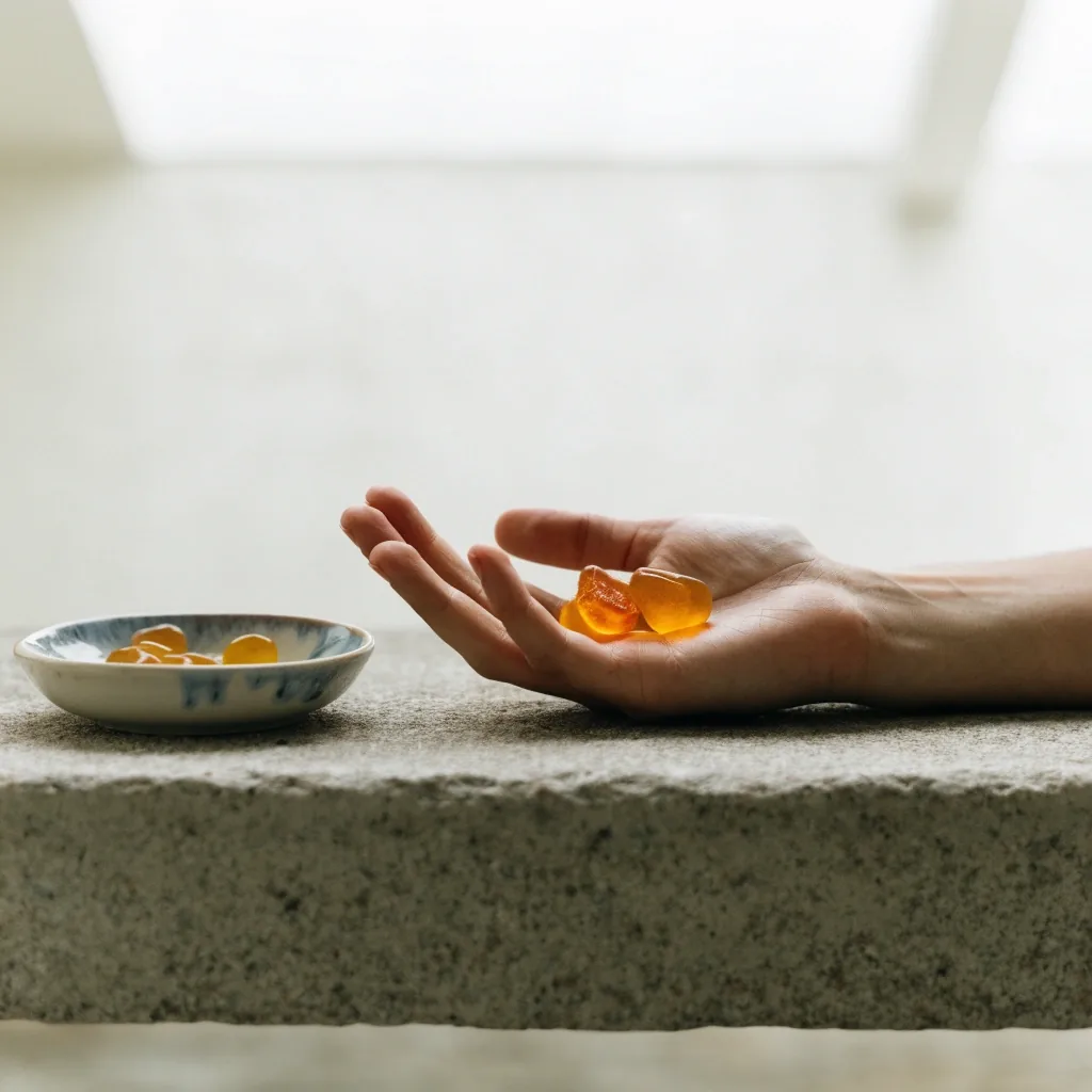 Soft translucent gummy pieces resting on a granite-look bench