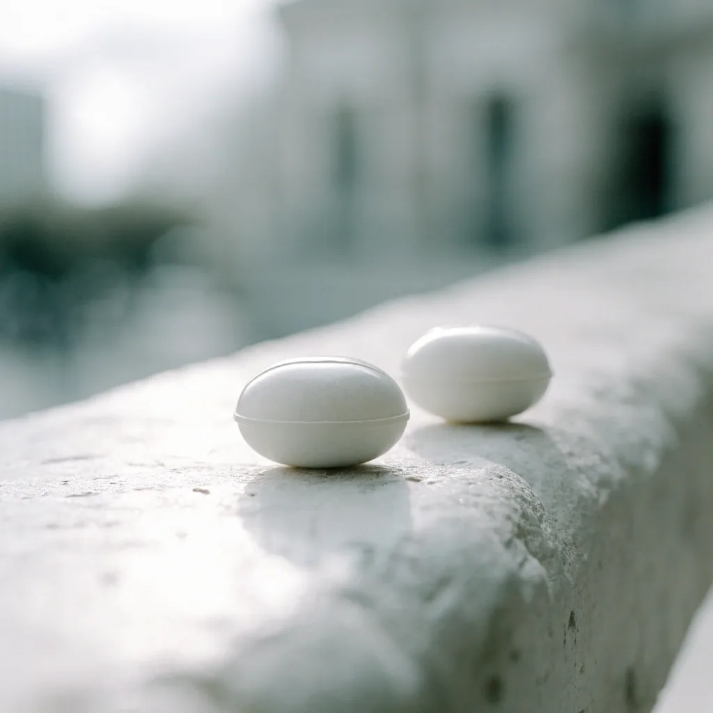 Two-piece hard capsules resting apart on a pale stone bench