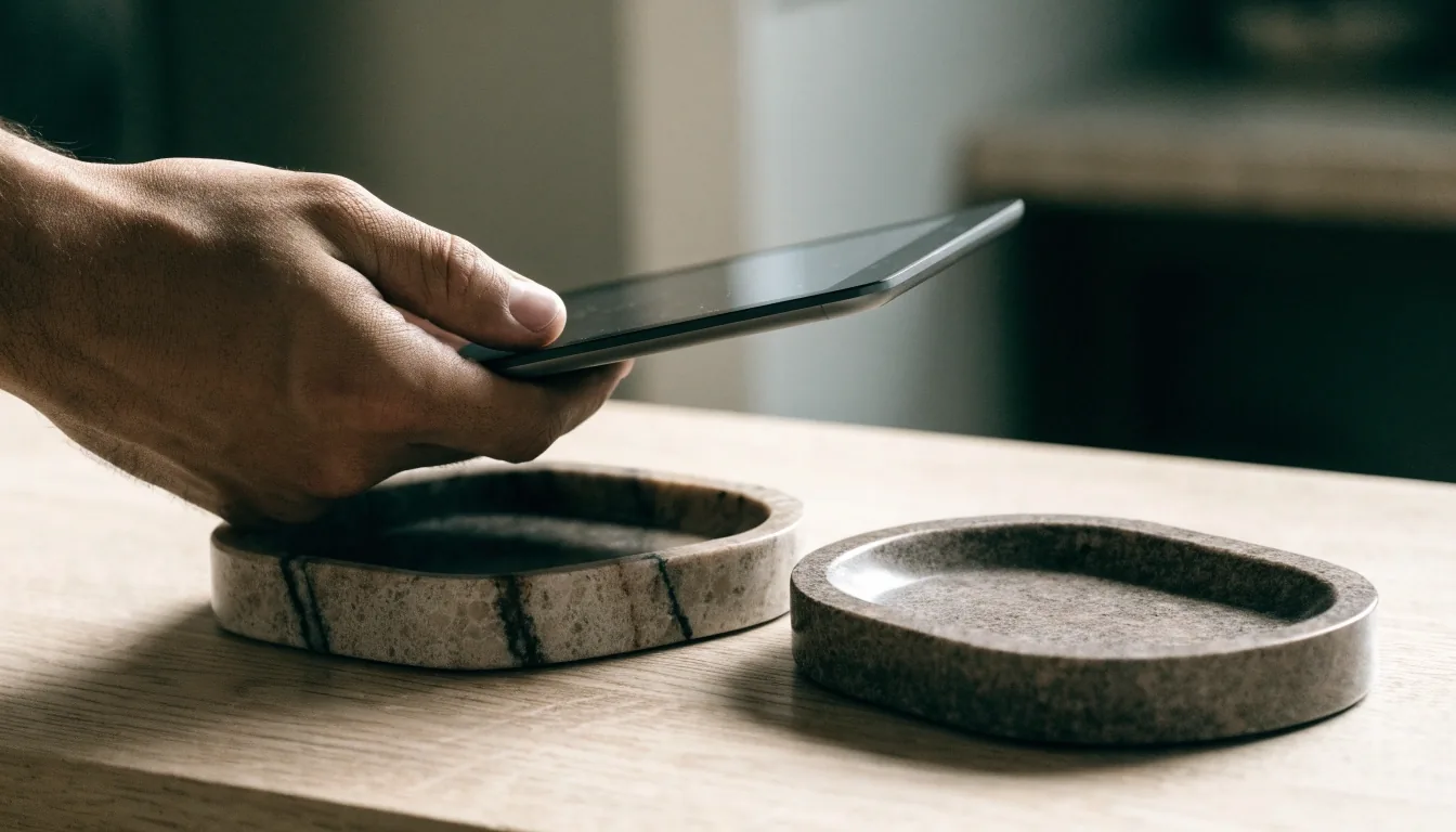 Two empty granite trays of different grain side by side on the bench