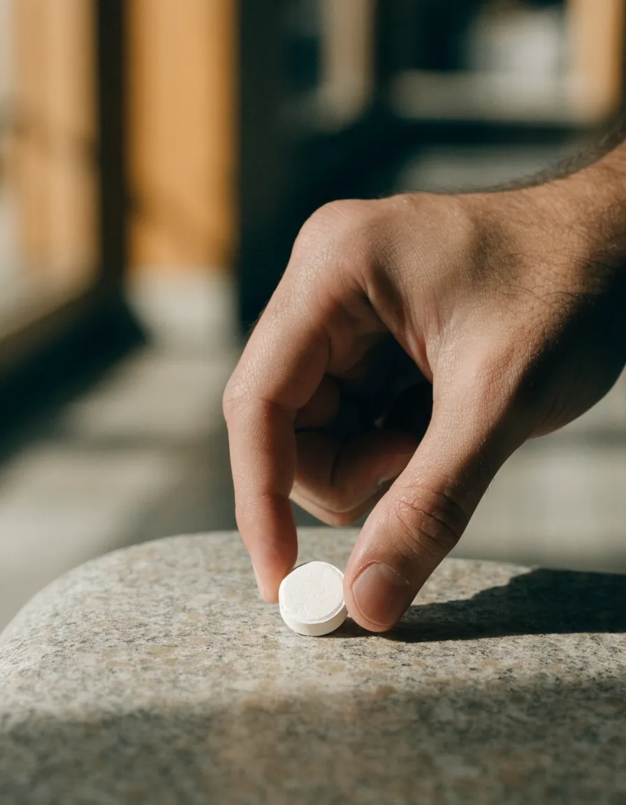 A matte pressed multivitamin tablet with a chalky edge resting alone on a long-grain granite-look bench surface