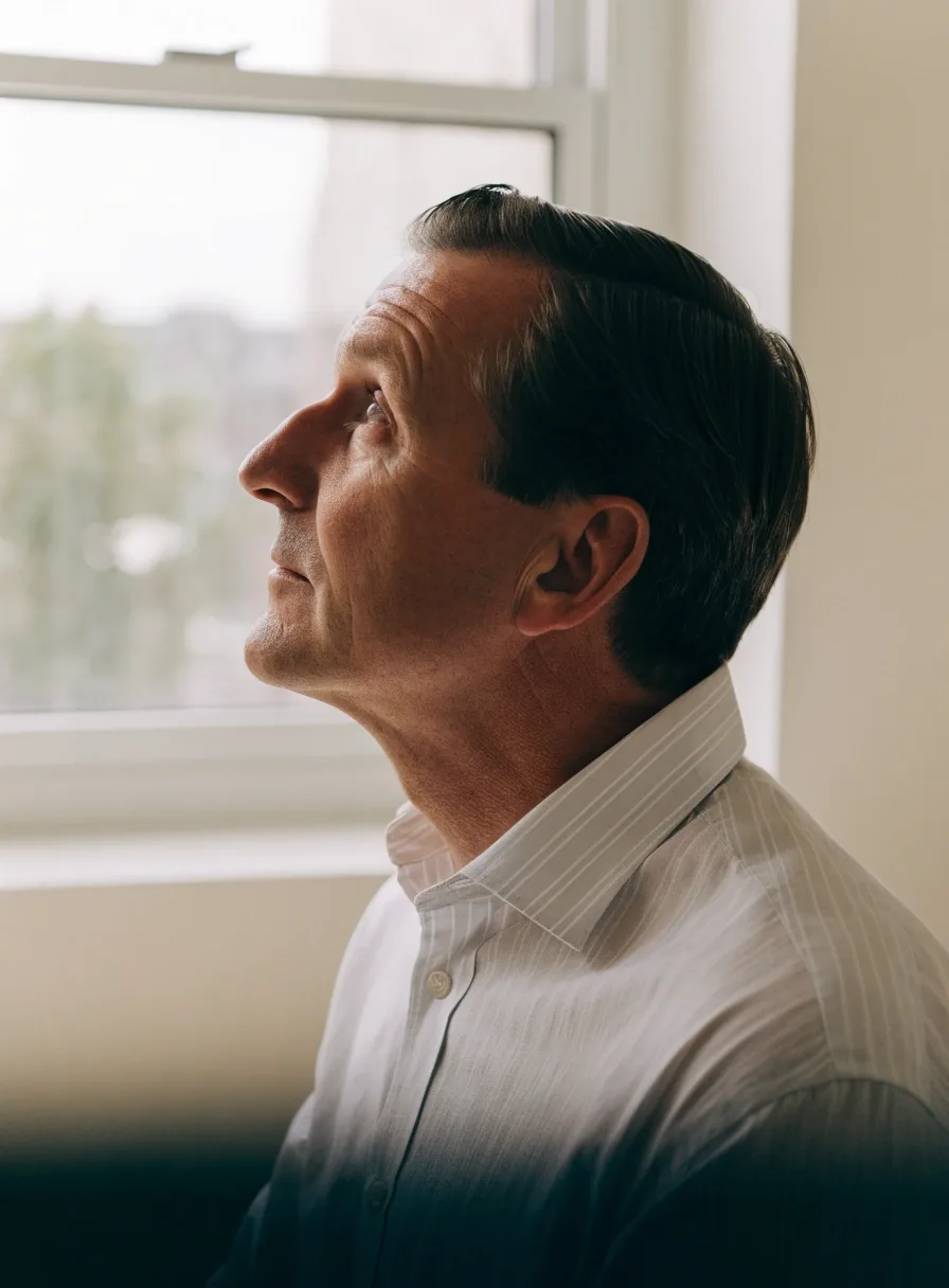 A man in his forties seated in a plain pale room near a window in soft shadowless light, cropped from the shoulder down, holding nothing