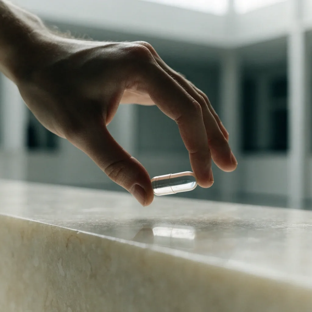 A two-piece hard capsule lying on its side on a pale stone bench, the join between the two halves clearly visible