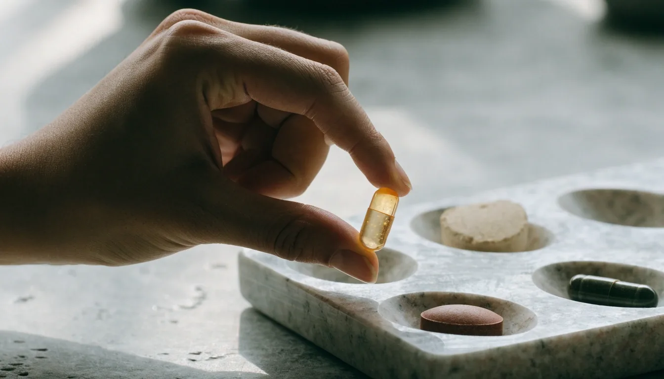 Four supplement formats — a matte tablet, a translucent softgel, a two-piece capsule and a cast gel — resting in the separated wells of a long granite-look tray on a bare stone bench