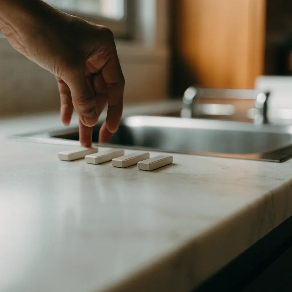 Four identical matte tablet forms lined up at equal spacing on a granite surface, photographed straight down