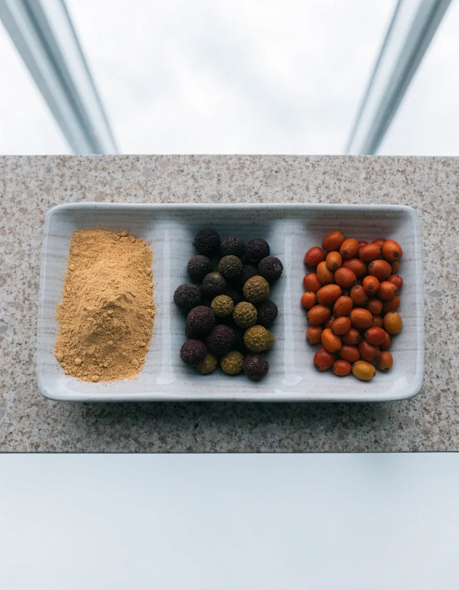 Hands measuring matte supplement tablets into a shallow compartmented dish on a stone surface