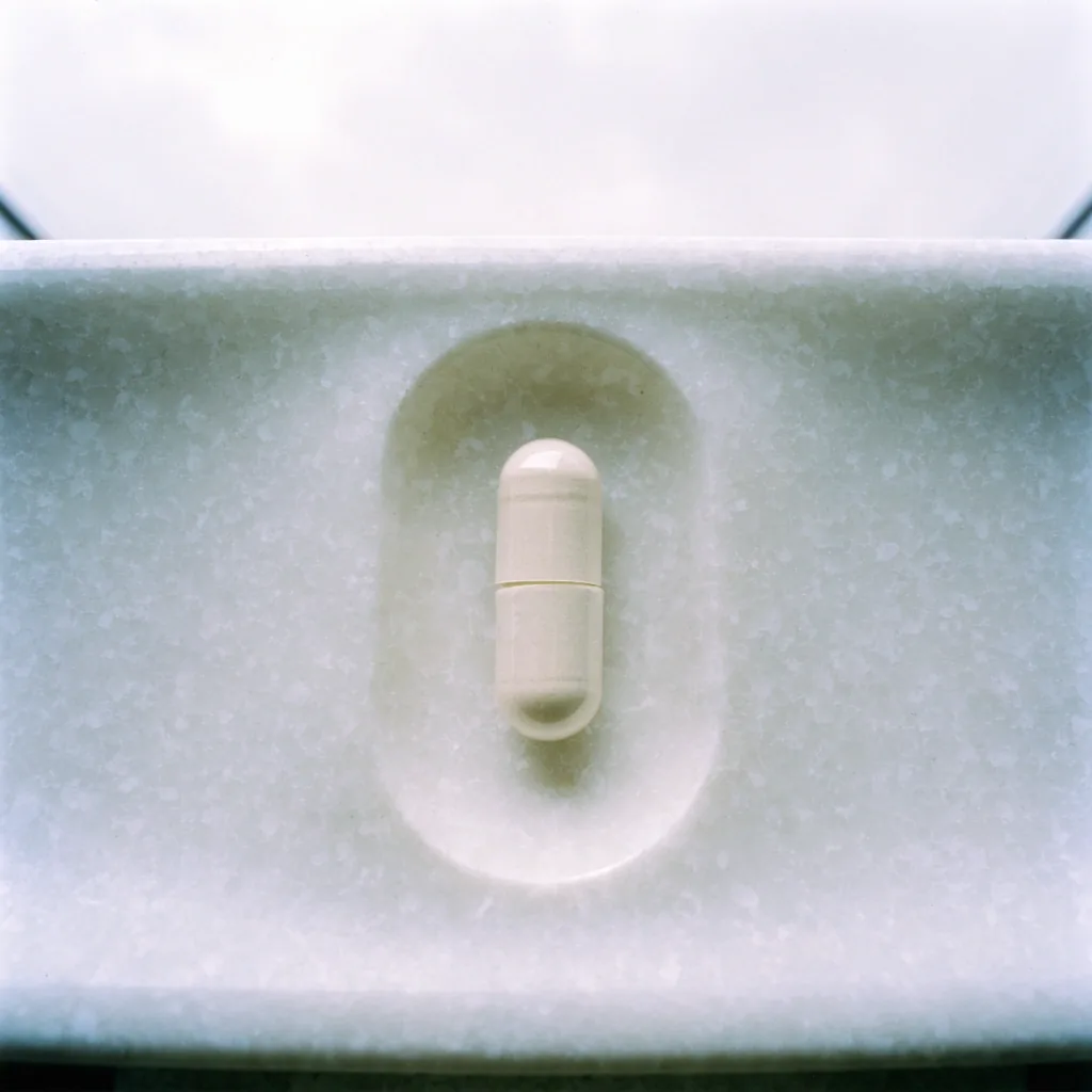 A single two-piece hard capsule with a visible seam in a tray well