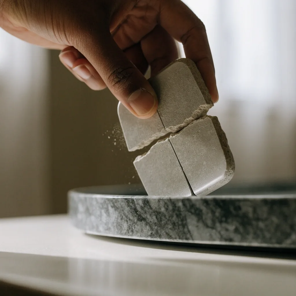 A single matte pressed tablet resting in a granite-look tray well