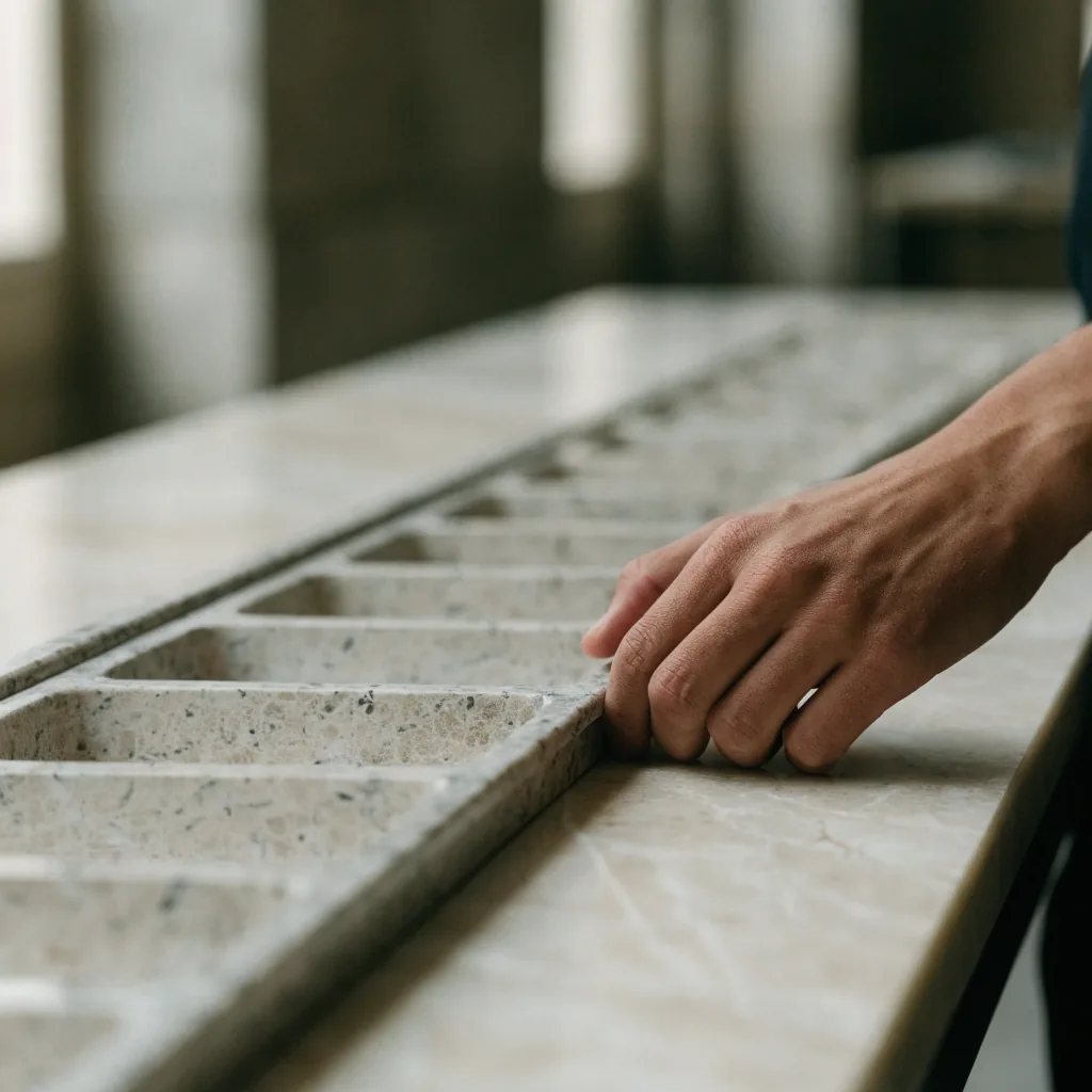 An empty sorting tray pushed to one side of a pale bench in soft window daylight