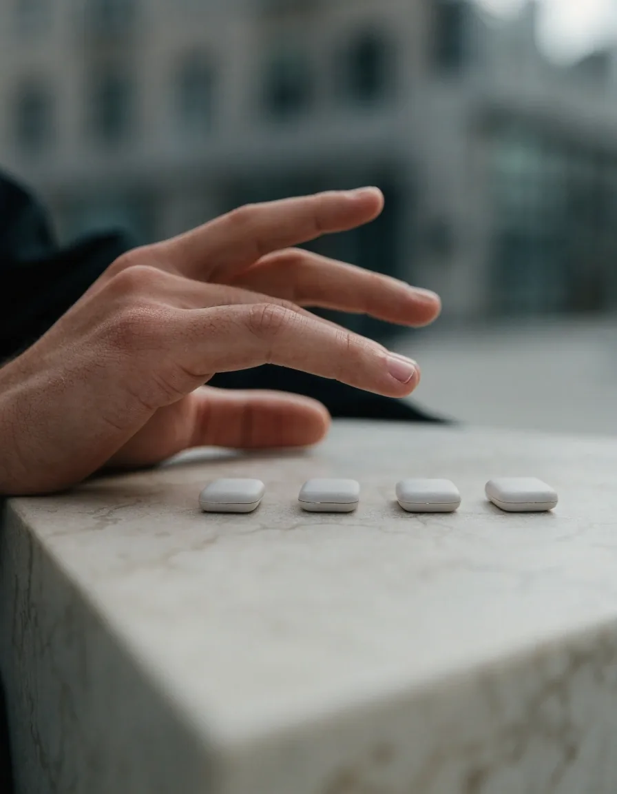 Four identical matte tablets lined up at equal spacing on a granite-look bench surface