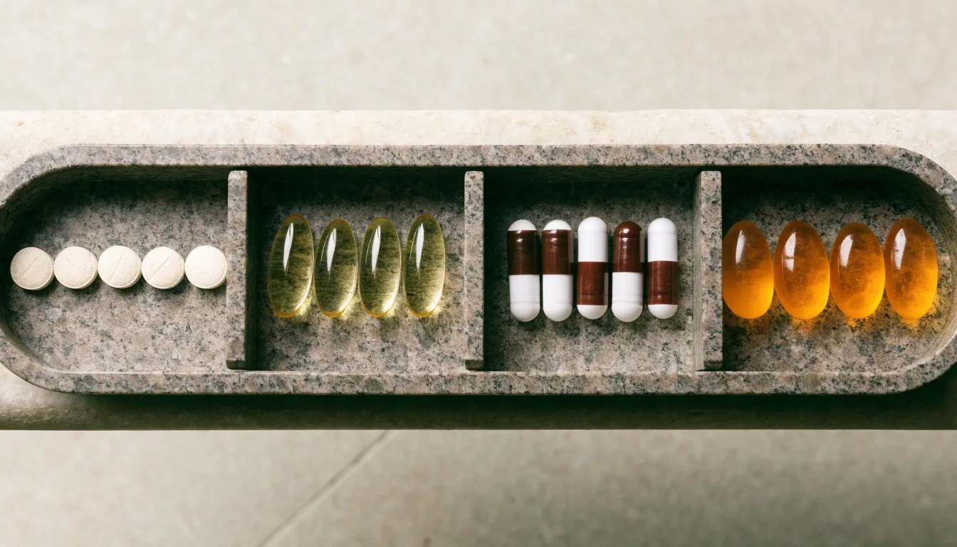 Granite-look tray with four separated wells holding different supplement formats