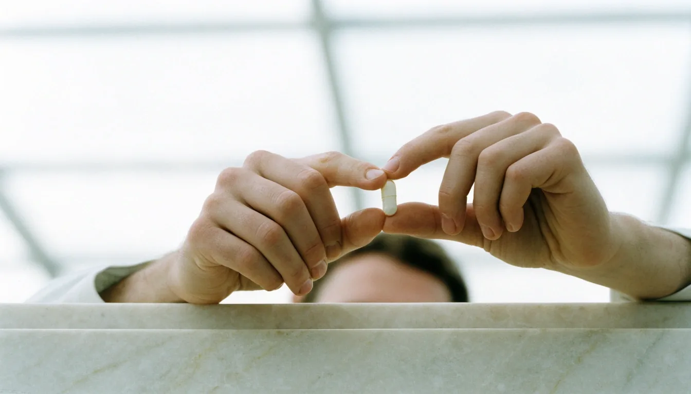 Hands turning a two-piece hard capsule above a pale stone bench