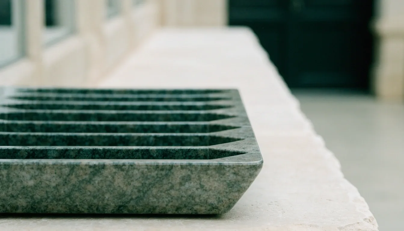 An empty sorting tray at rest on a pale stone bench under flat daylight