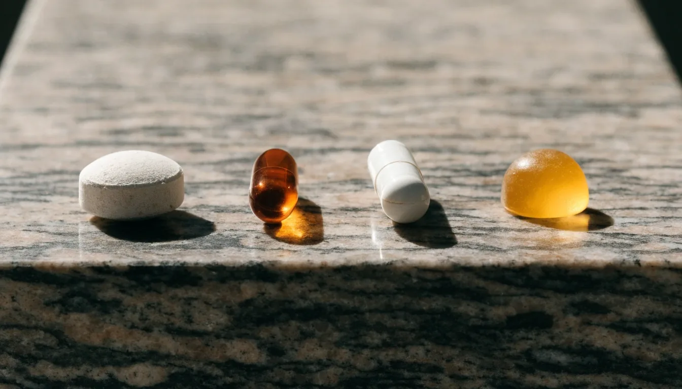 Four supplement formats lined up at equal spacing on granite bench stone